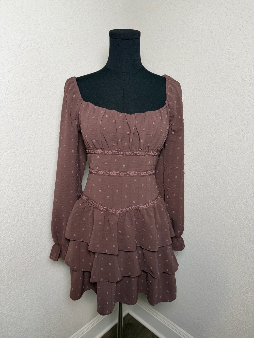 Smocked Tiered Long-Sleeve Mini Dress in Dusty Brown